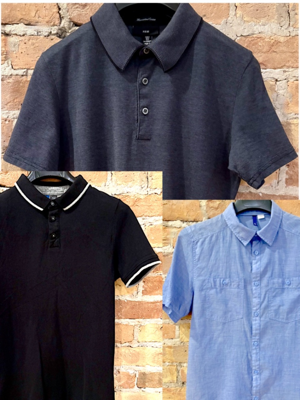H&M 3 Shirts: Gray Polo Shirt, Black Polo Shirt, Blue Short Sleeve Button-Up